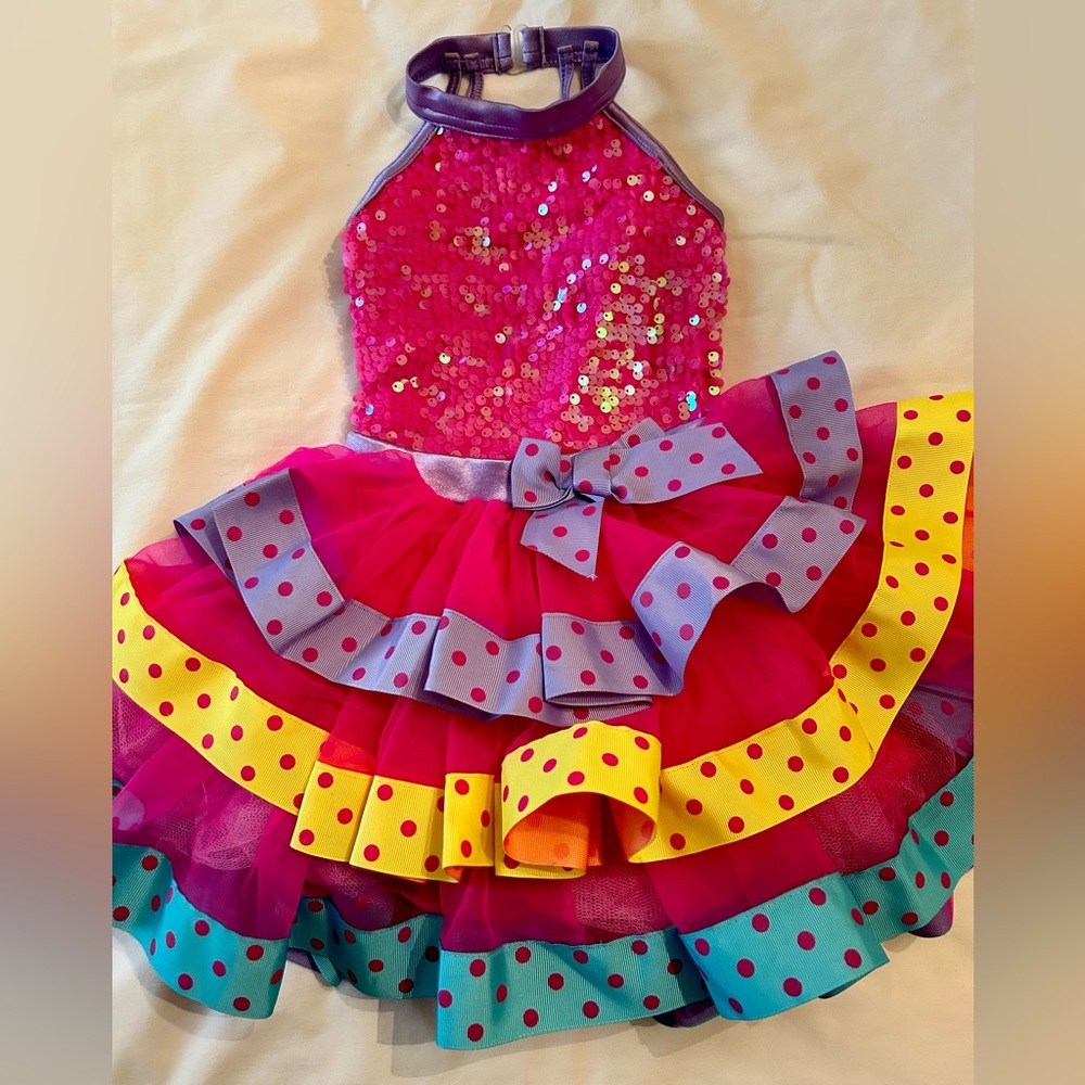 Weissman Pink Sequin Halter Dance Costume with Multicolor Ruffled Skirt